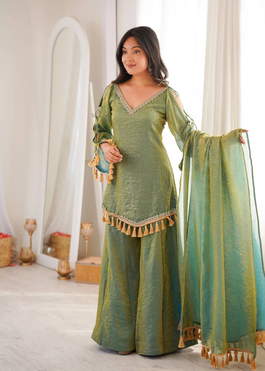 Green Designer Doremon Crush Palazzo Set