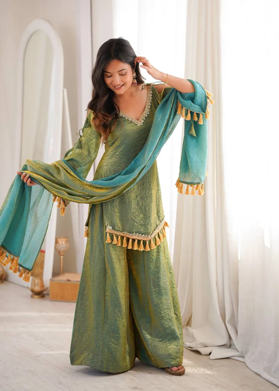 Green Designer Doremon Crush Palazzo Set