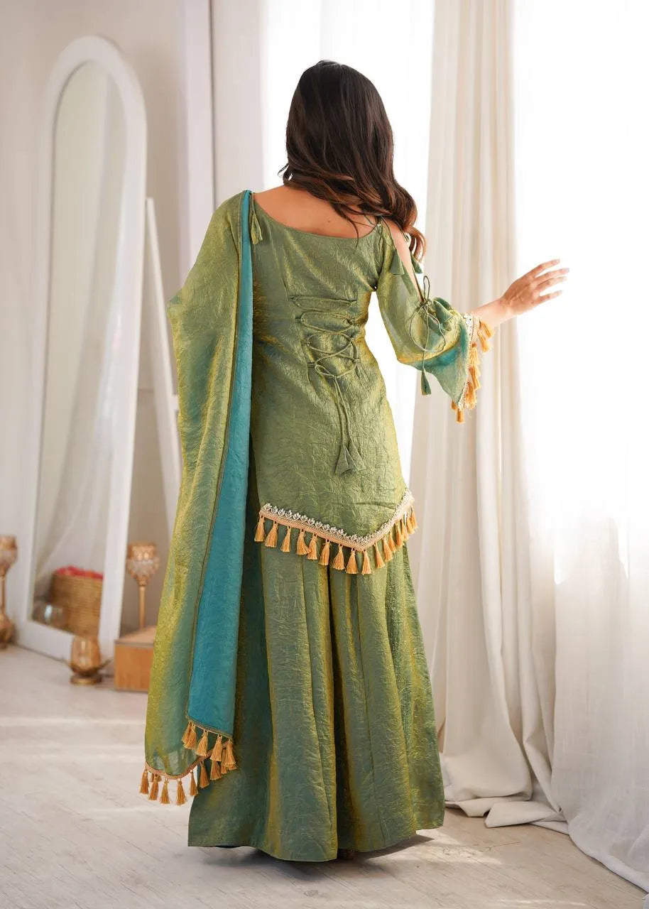 Green Designer Doremon Crush Palazzo Set
