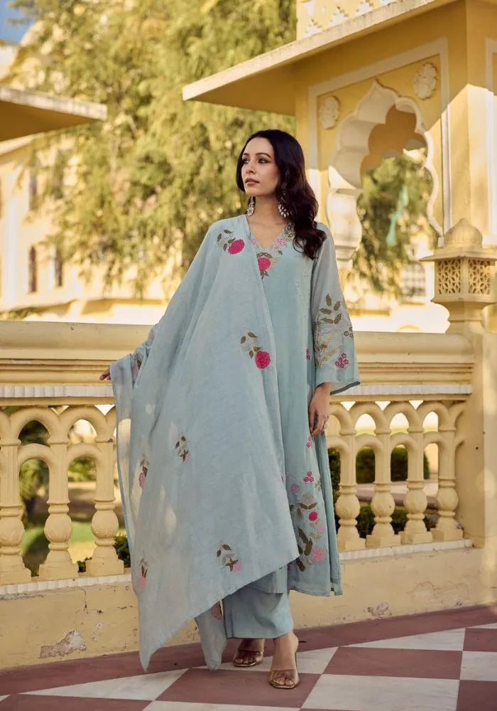 grey embroidered chanderi silk kurta set