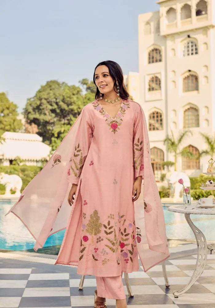 gulbahar pink embroidered chanderi silk kurta set