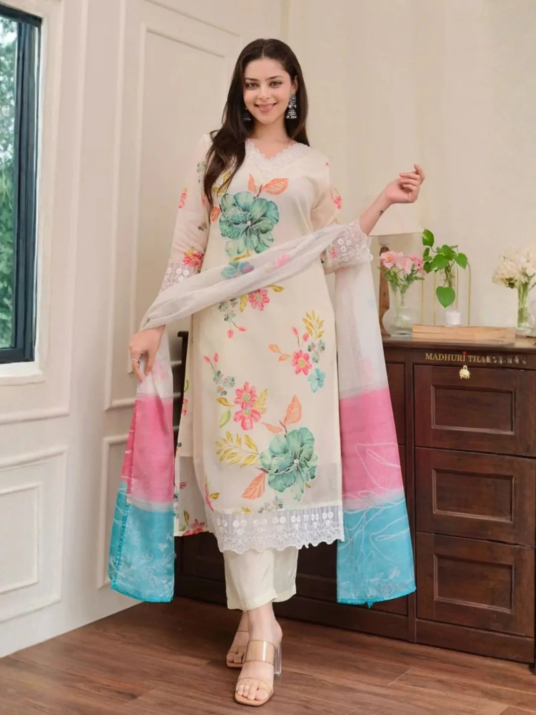 ivory floral printed viscose kurta set