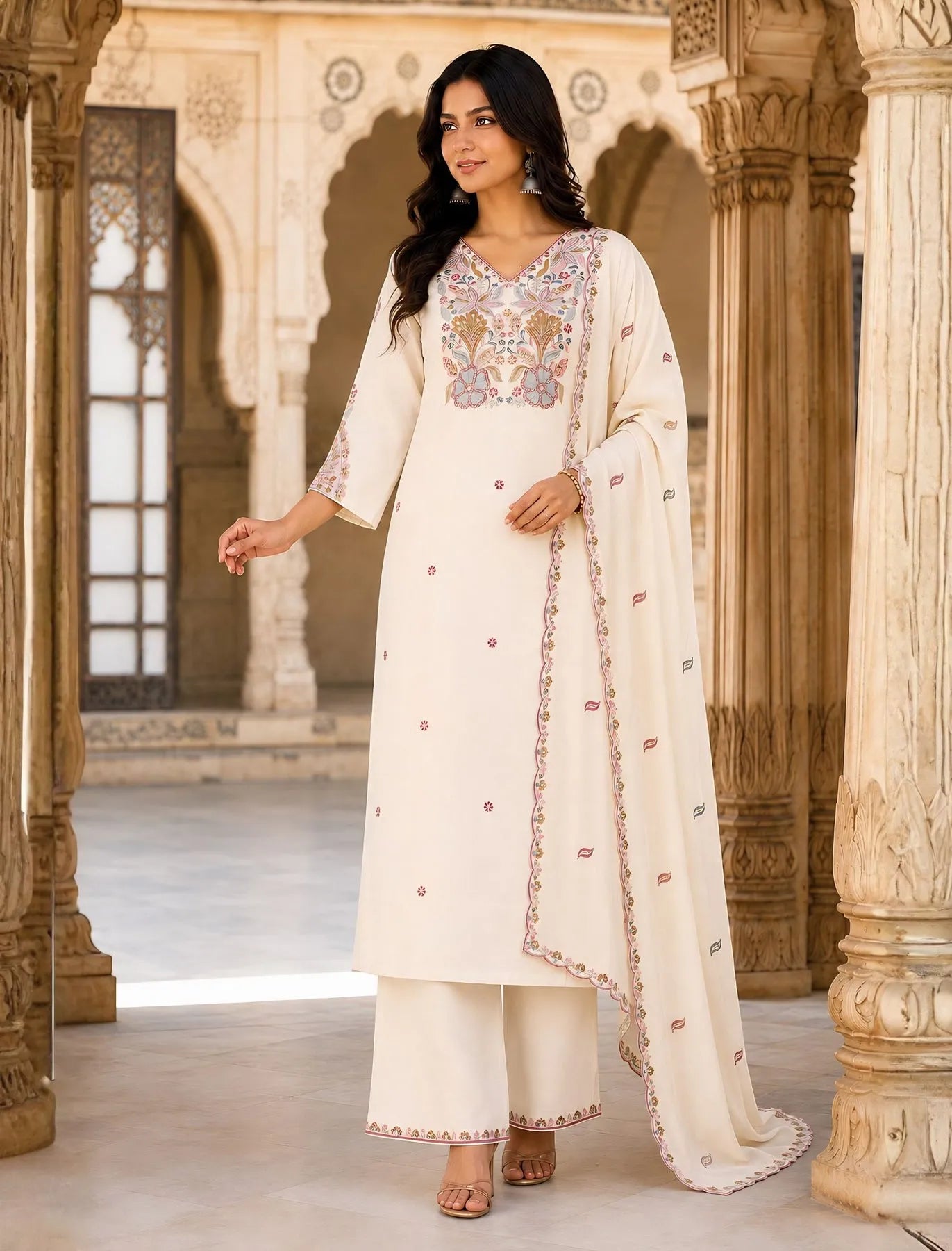 Ivory Floral Rayon Kurta