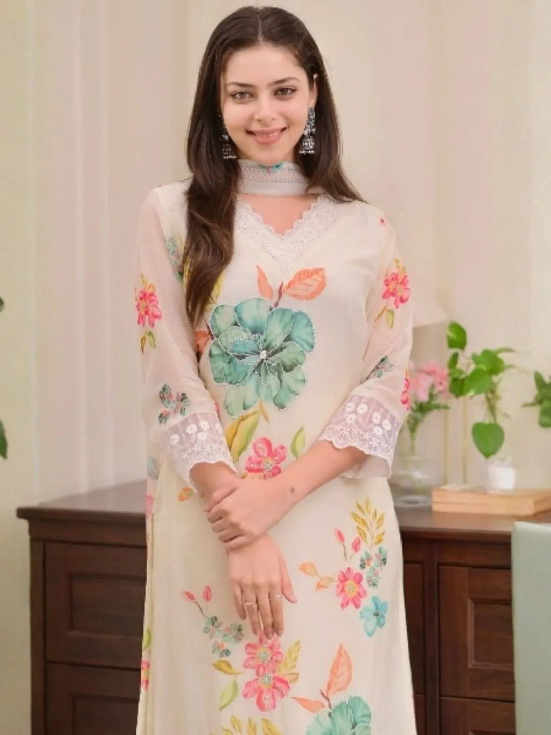 ivory floral viscose kurta set