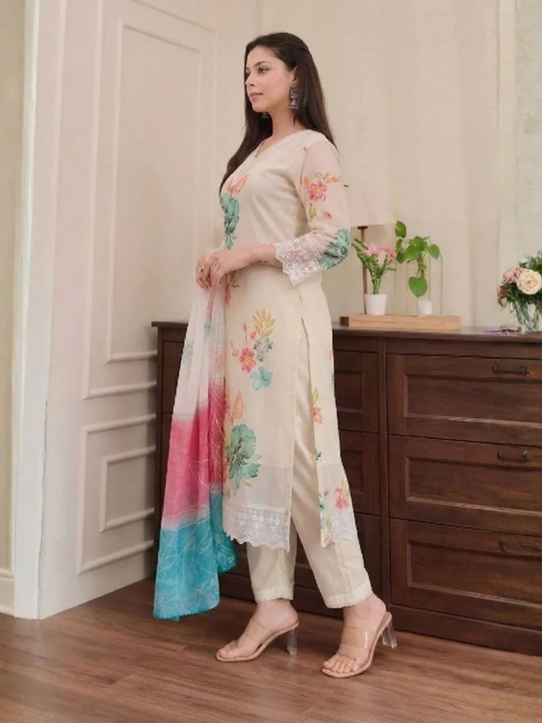 ivory floral printed viscose kurta set