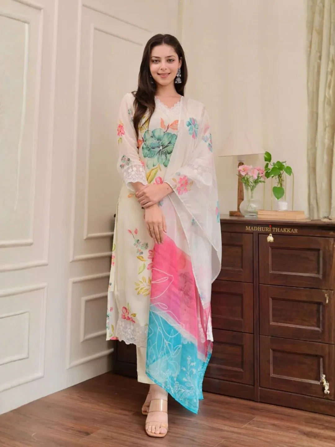 ivory printed viscose kurta set