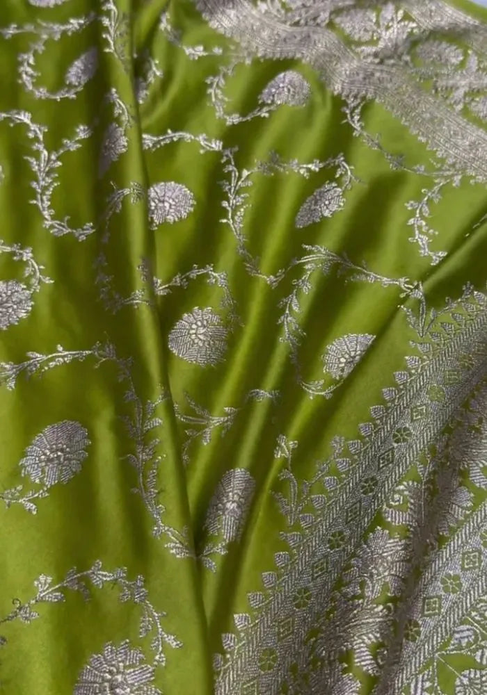 katan silk banarasi green saree