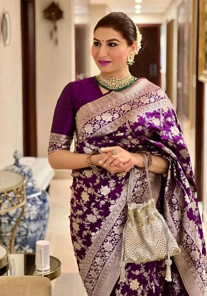kesudi banarasi saree satin silk purple