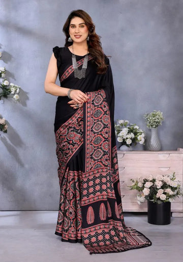 kesudi black floral printed saree