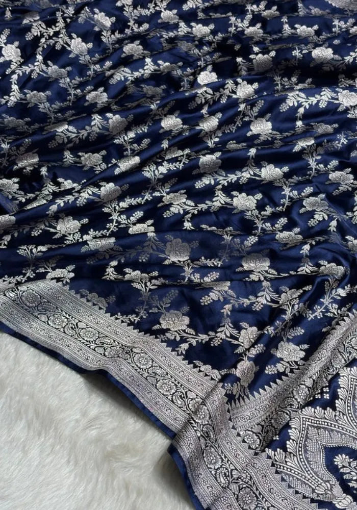 kesudi blue banarasi silk silver saree