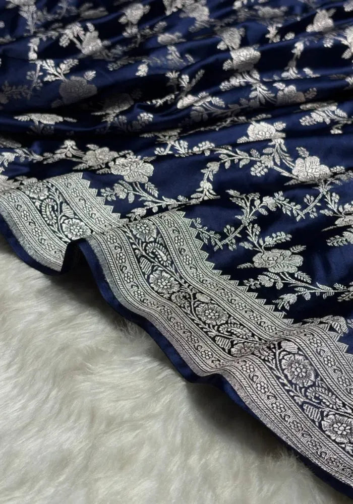 kesudi blue banarasi silk silver zari saree