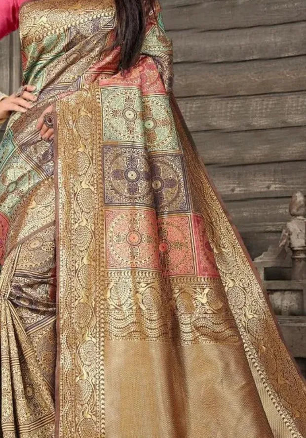 kesudi multicolor banarasi satin silk saree