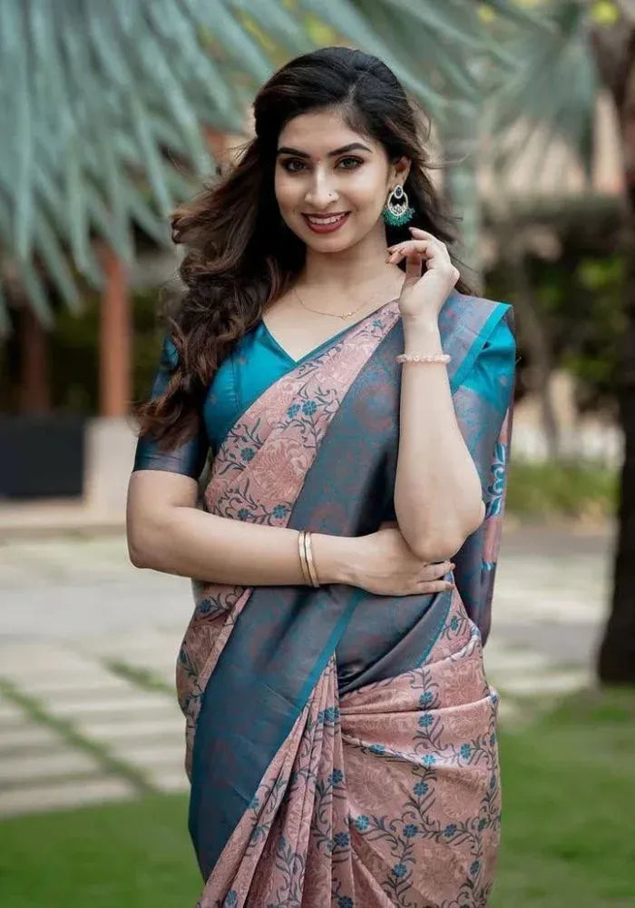 peach woven silk saree