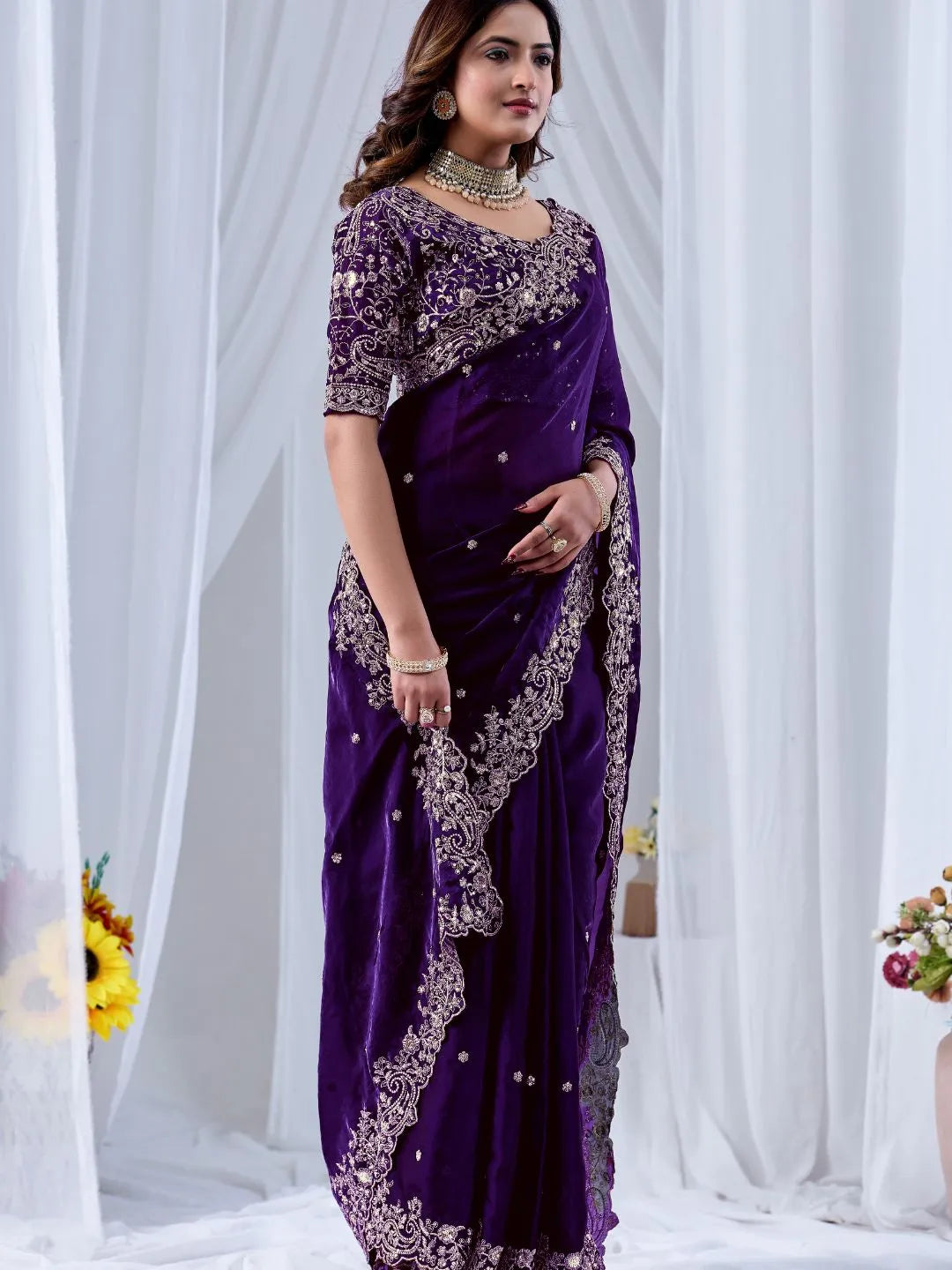 wearing royal purple silk saree