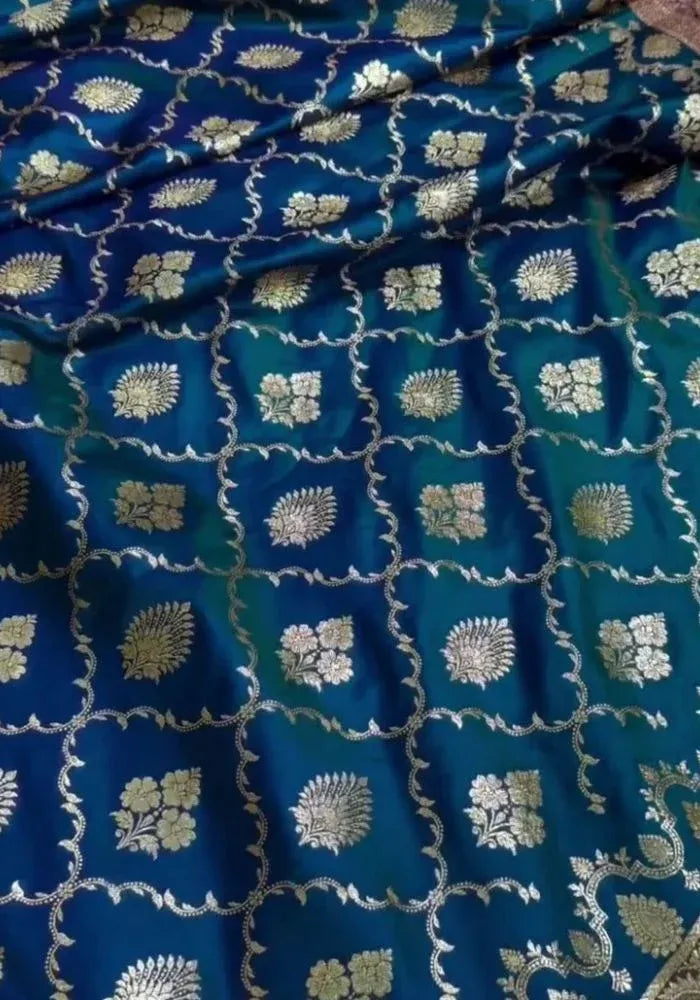 kesudi teal blue banarasi silk satin saree