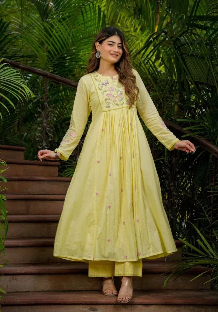 kesudi yellow silk anarkali kurta set