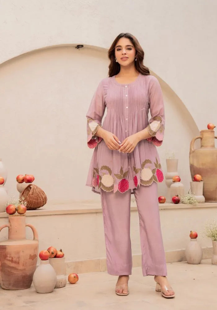 lavender bloom embroidered chanderi silk co-ord set