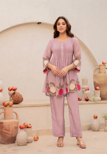 lavender bloom embroidered chanderi silk co-ord set