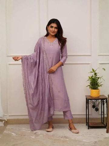 lavender embroidered chanderi kurta set