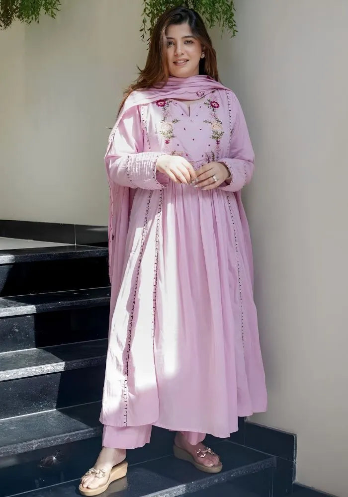 lavender embroidered chanderi silk anarkali kurta set