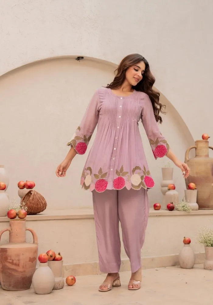 lavender embroidered chanderi silk co-ord set