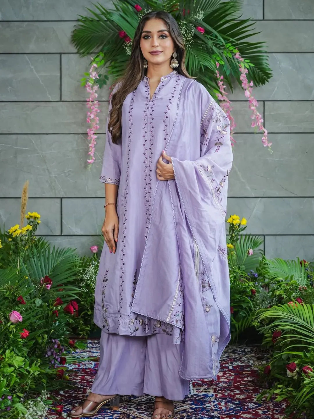 lavender embroidered cotton kurta set