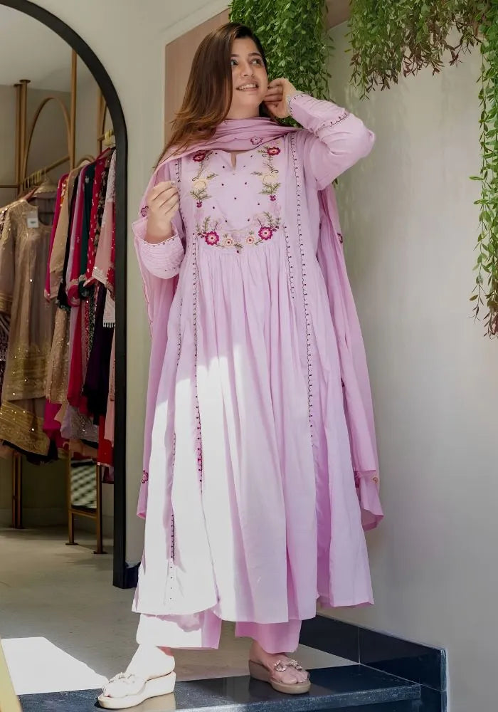 lavender embroidered silk anarkali kurta set