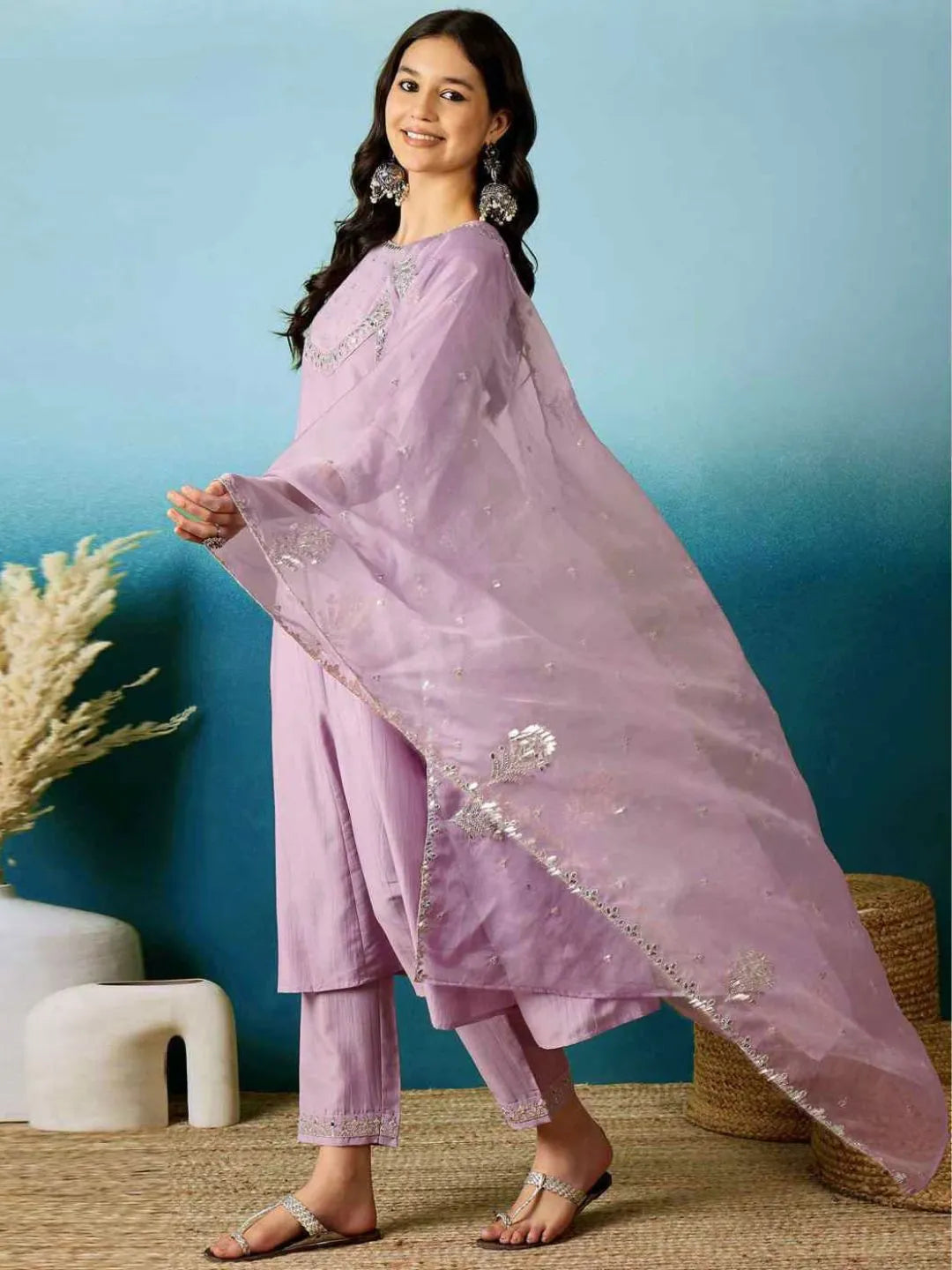 lavender embroidered silk blend anarkali gown set