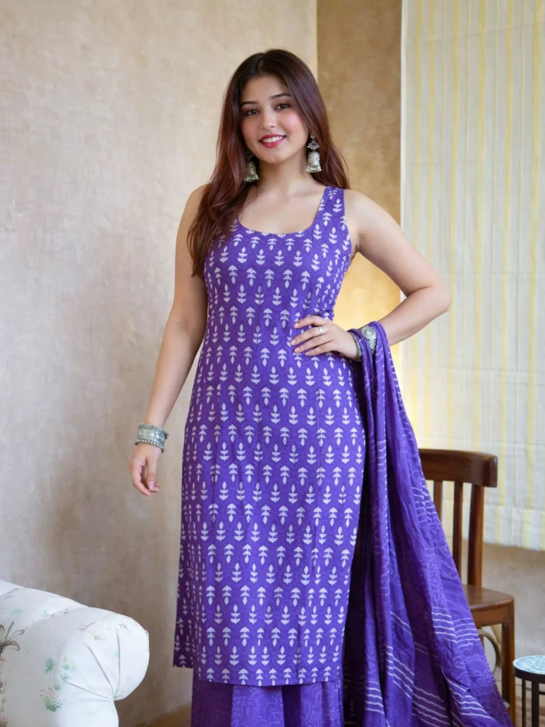 lavender printed silk nyra cut kurta set