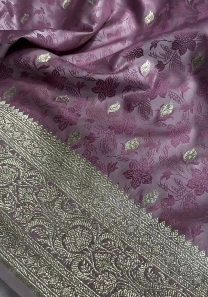 women lavender satin banarasi saree