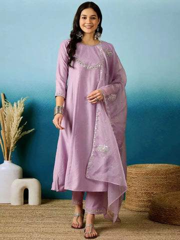 lavender sequins embroidered silk blend anarkali gown set