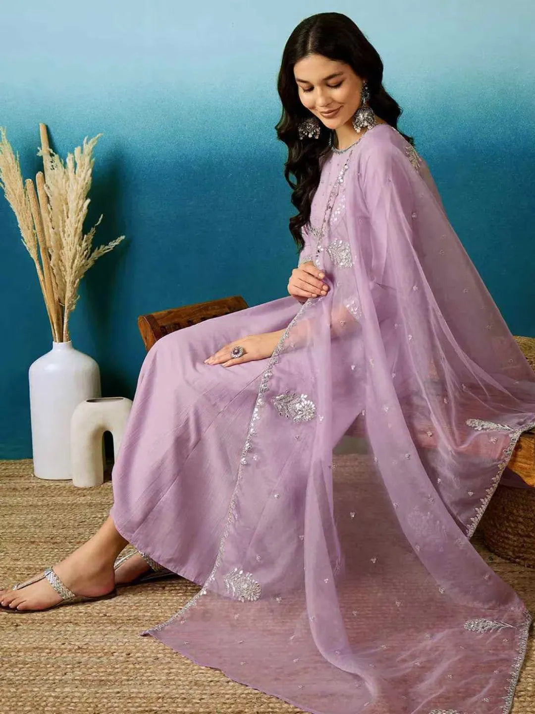 lavender silk anarkali gown set