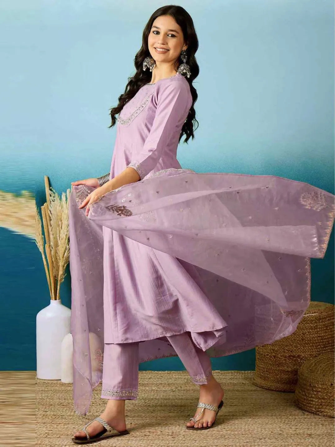 lavender silk blend anarkali gown set