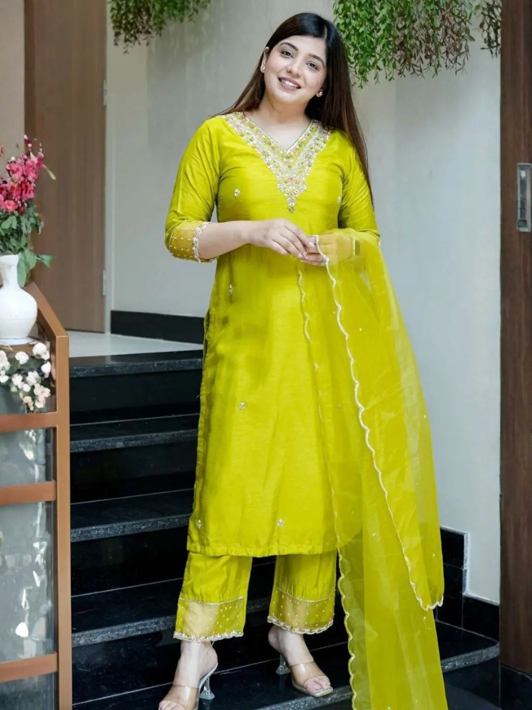 lime green embroidered kurta set