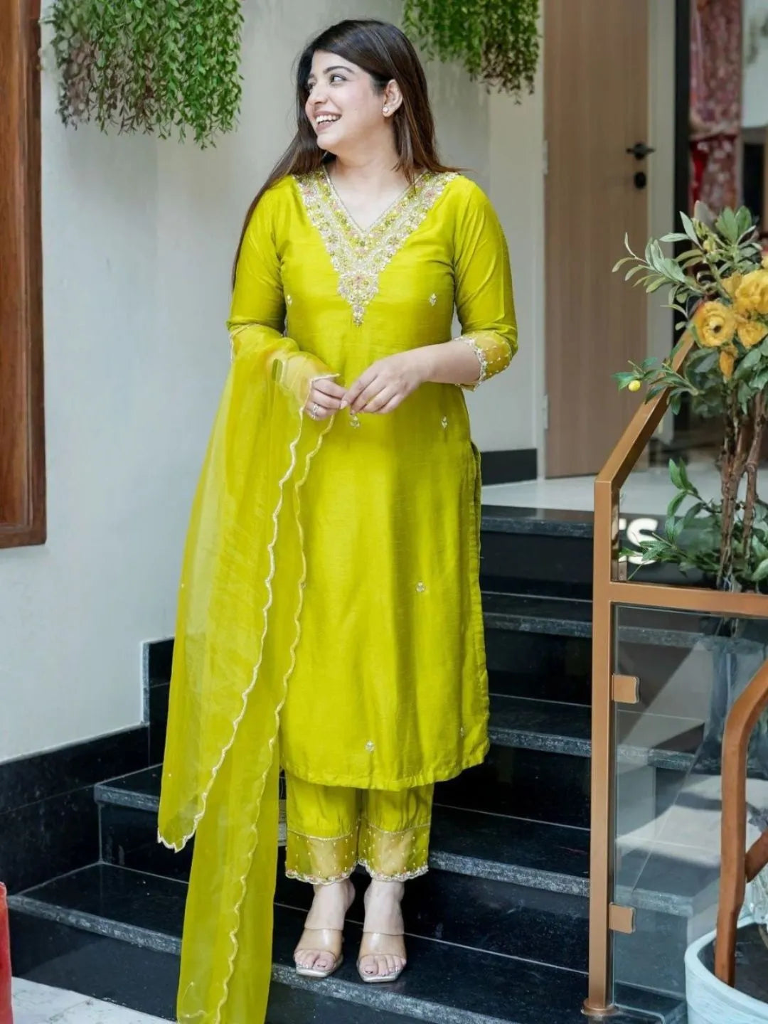 lime green embroidered kurta set