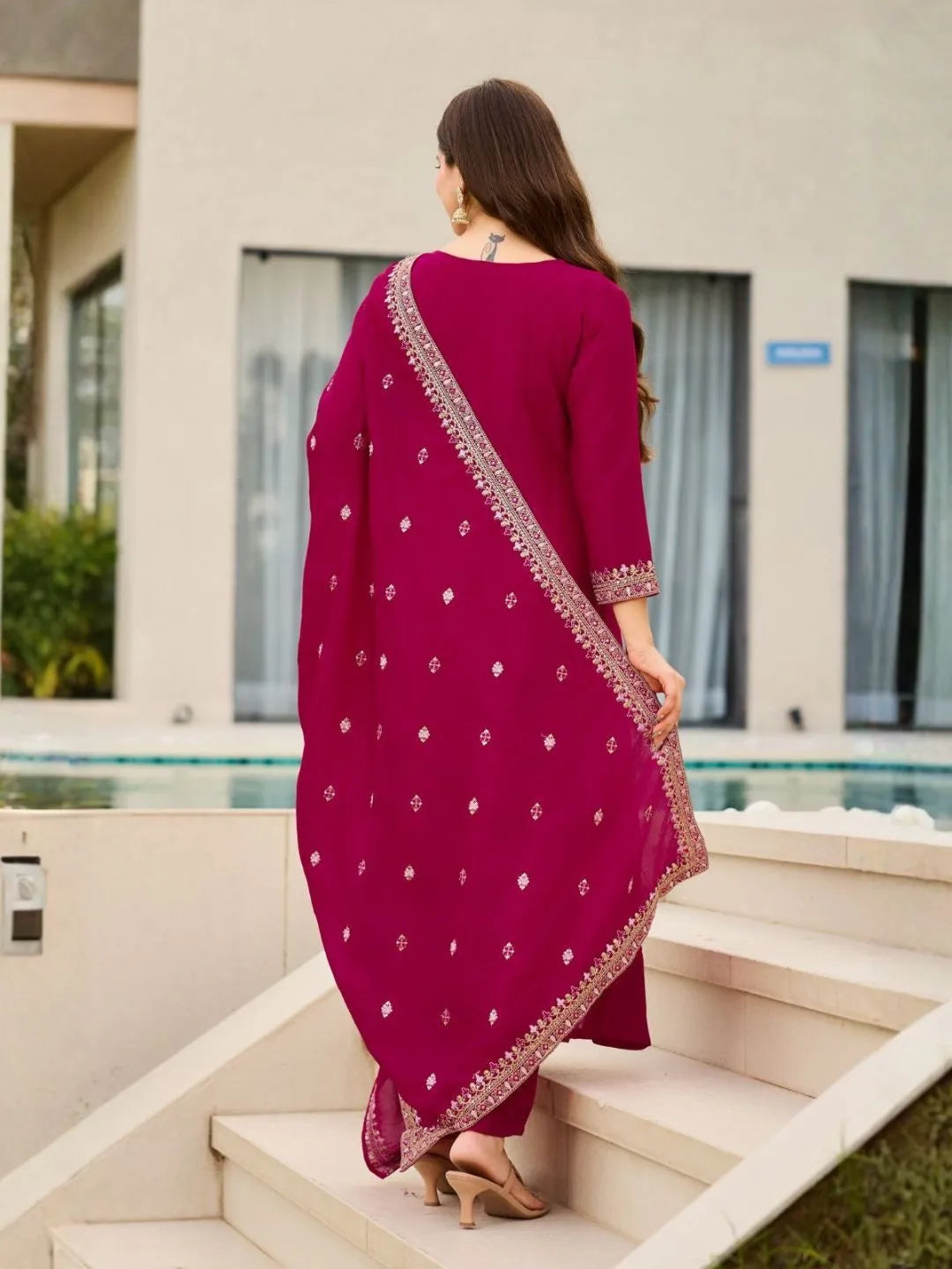magenta embroidered kurta pant set