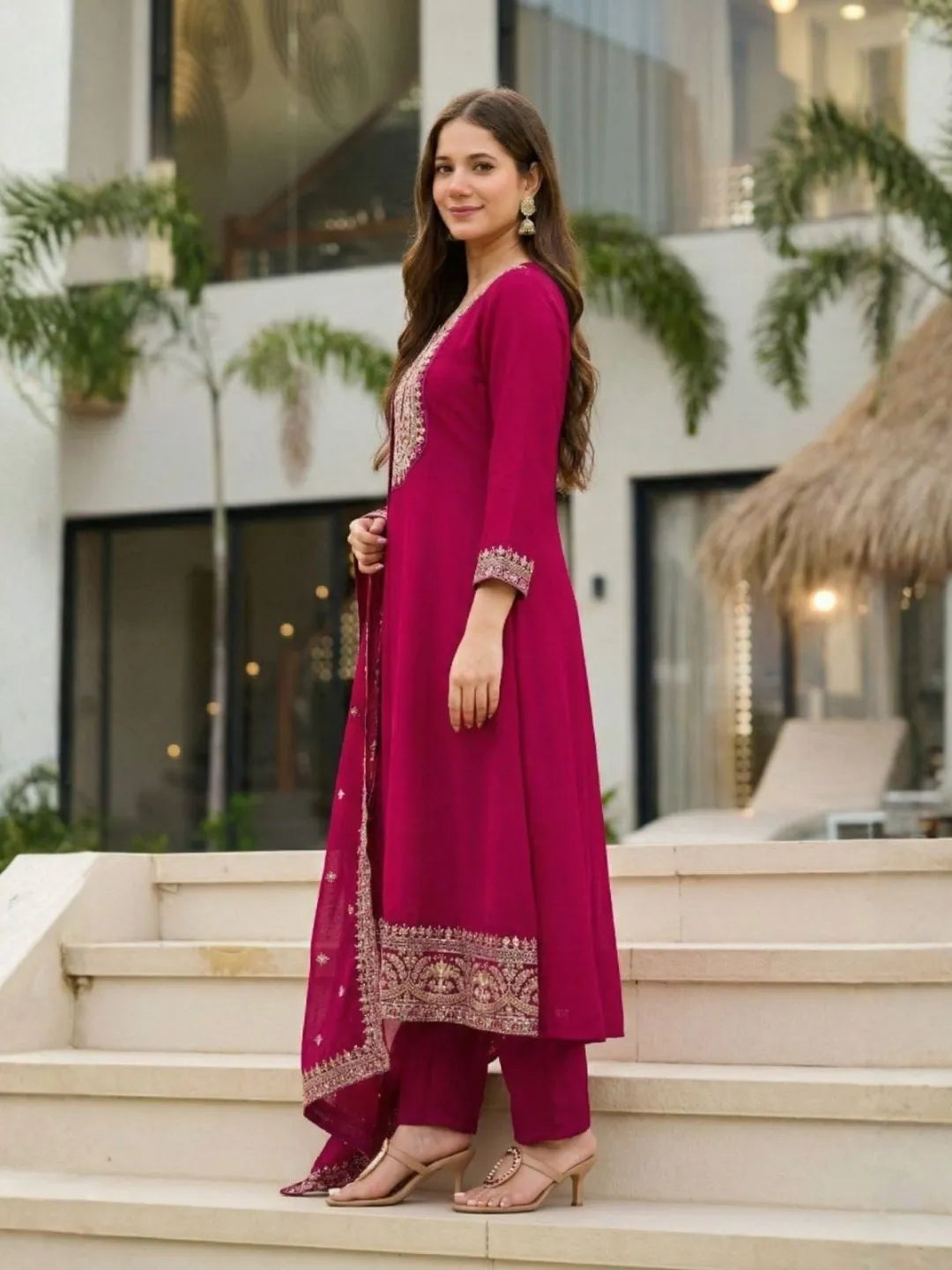 magenta embroidered kurta set
