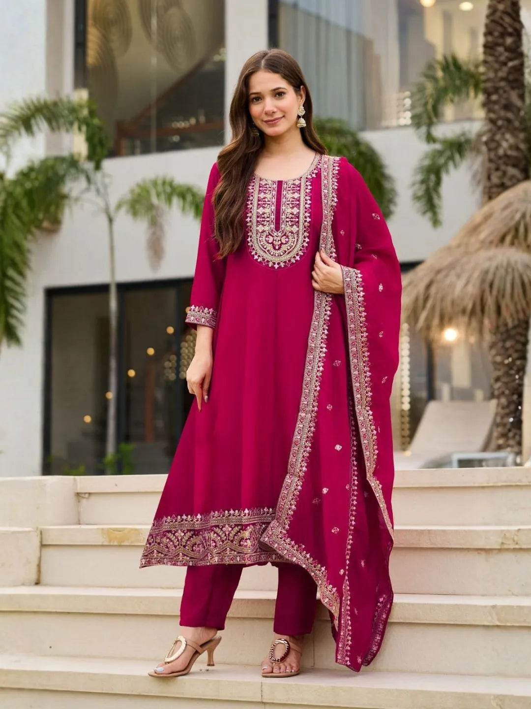 magenta embroidered vichitra kurta set