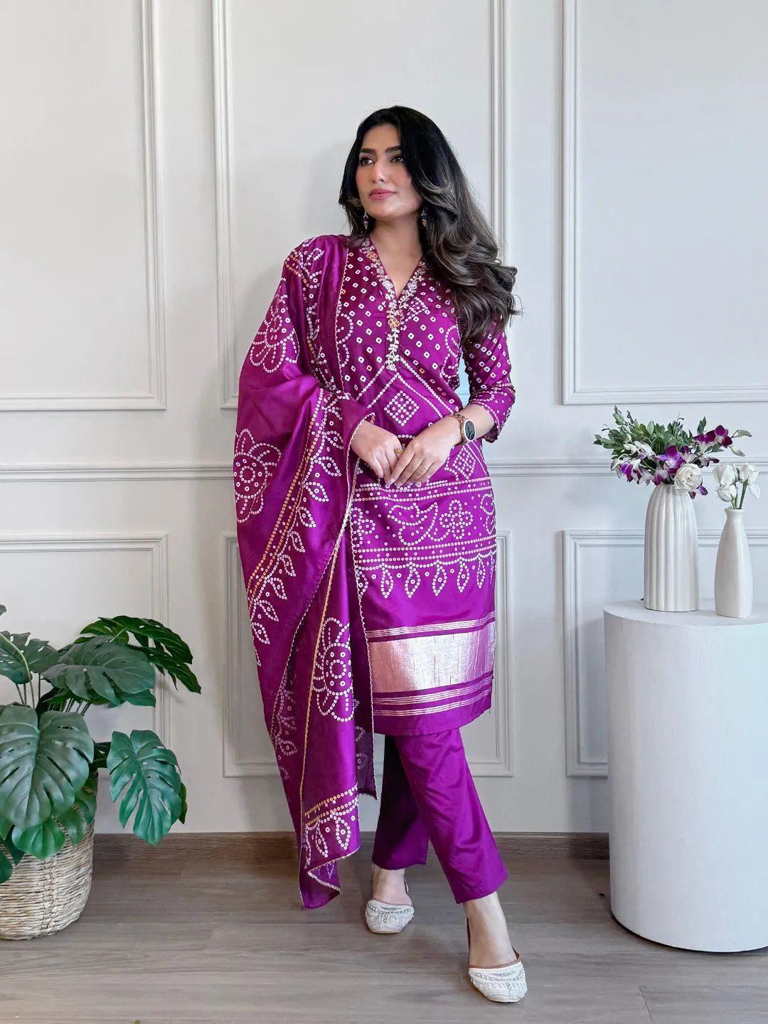 magenta printed kurta set