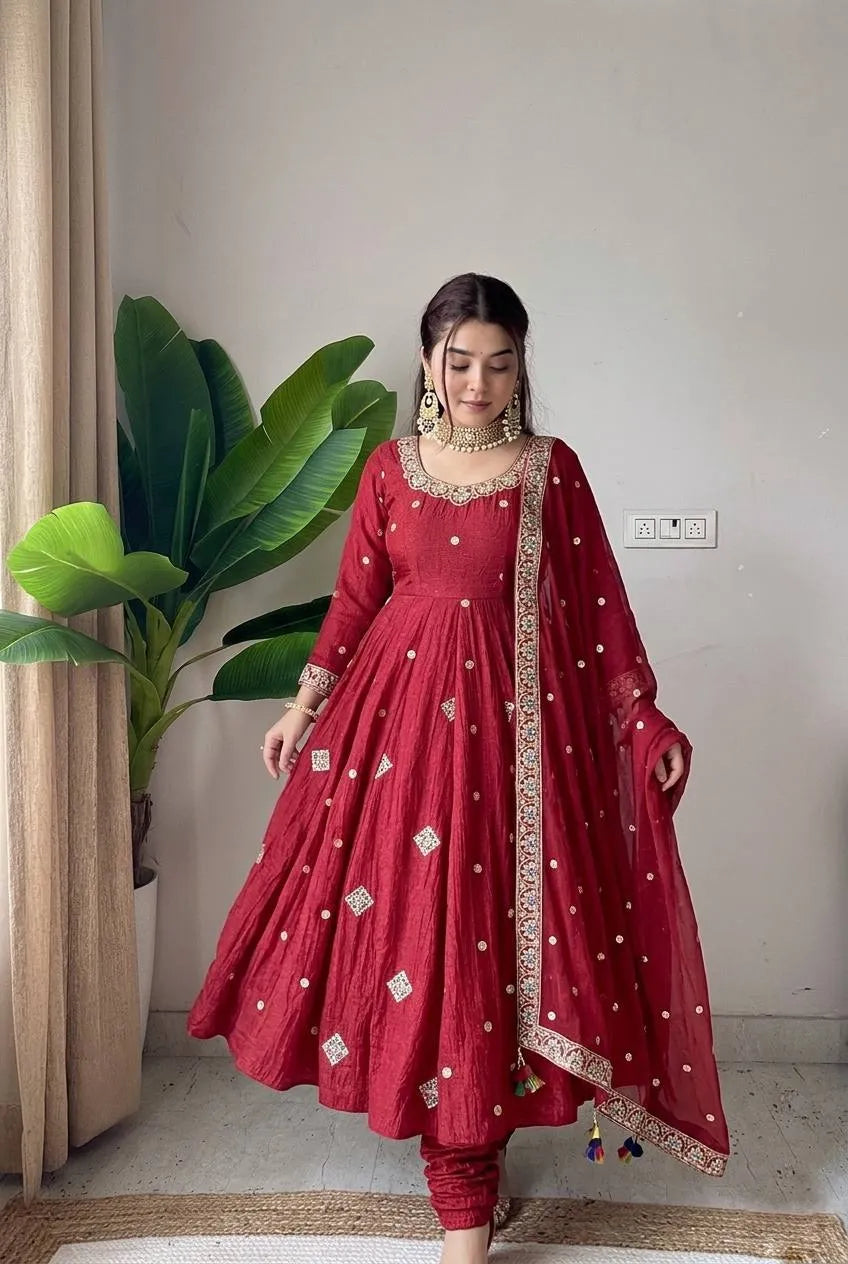 Maroon Embroidered Crunchy Silk Anarkali Suit