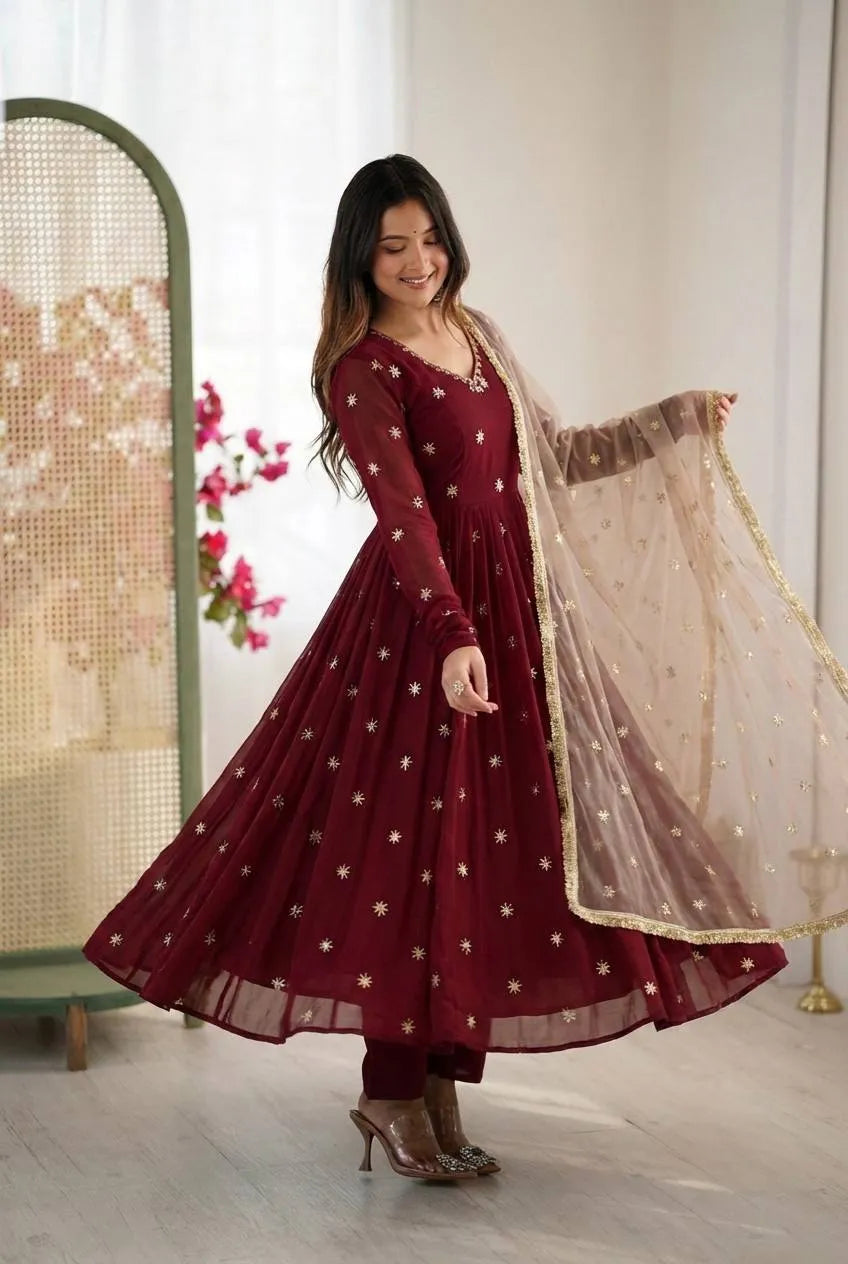 maroon anarkali gown set