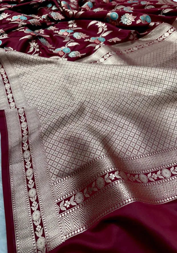 women maroon banarasi silk saree