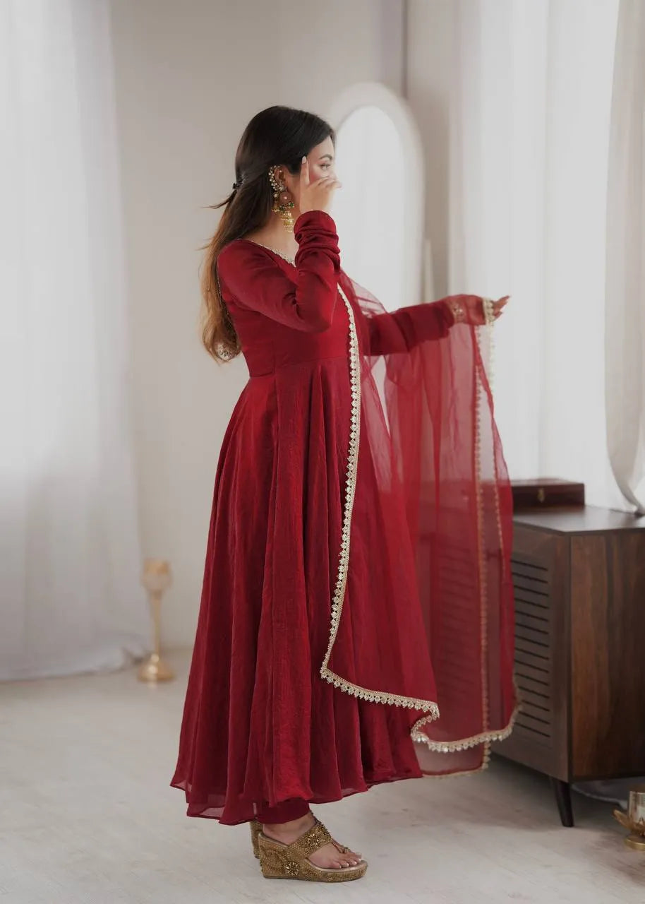 Maroon Doremon Crush Flared Anarkali Suit
