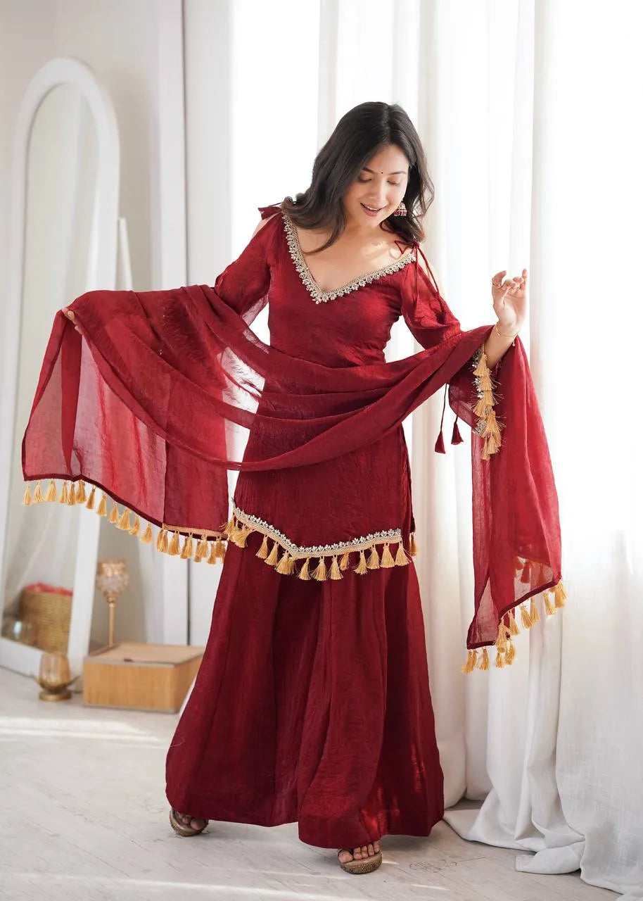 Maroon Designer Doremon Crush Palazzo Set