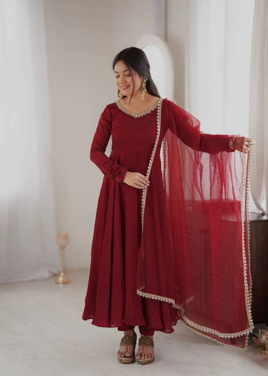 Maroon Doremon Crush Flared Anarkali Suit