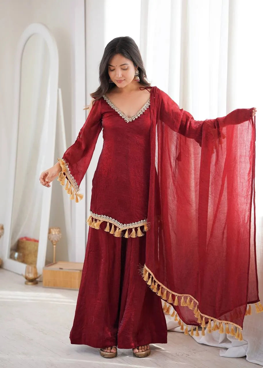 Maroon Designer Doremon Crush Palazzo Set