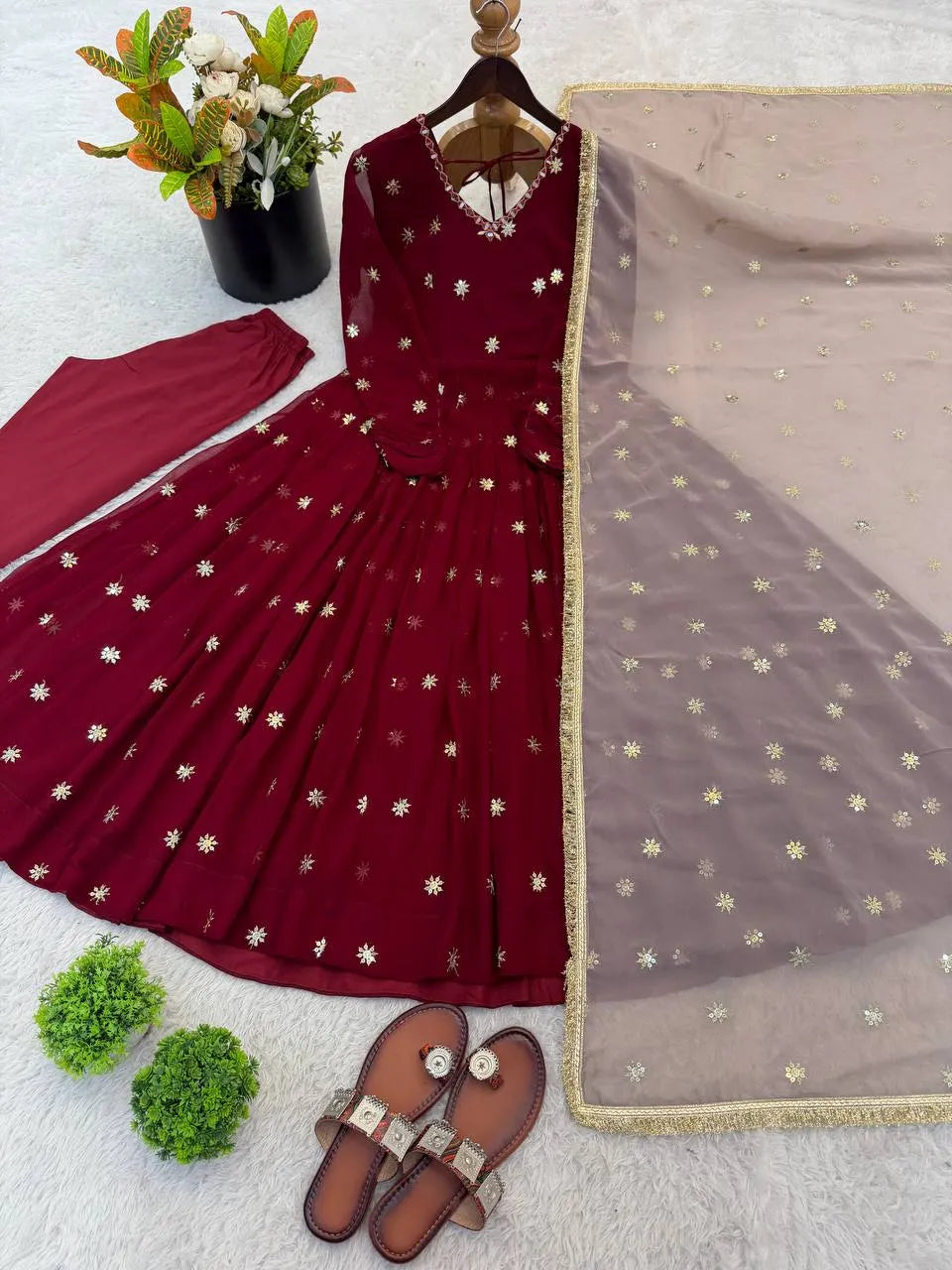 Maroon Embroidered Faux Georgette Flared  Anarkali Suit