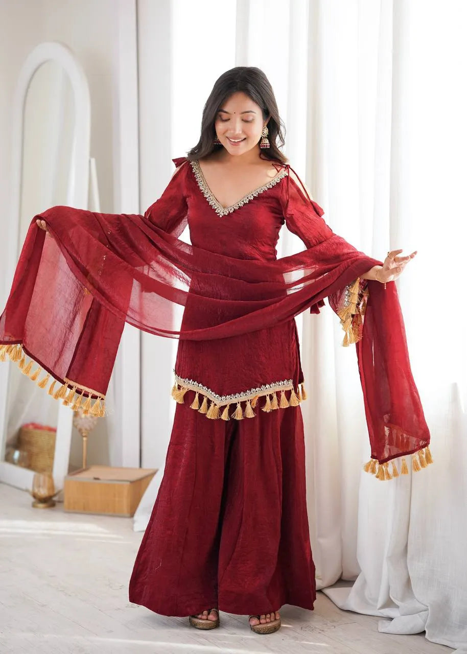 Maroon Designer Doremon Crush Palazzo Set