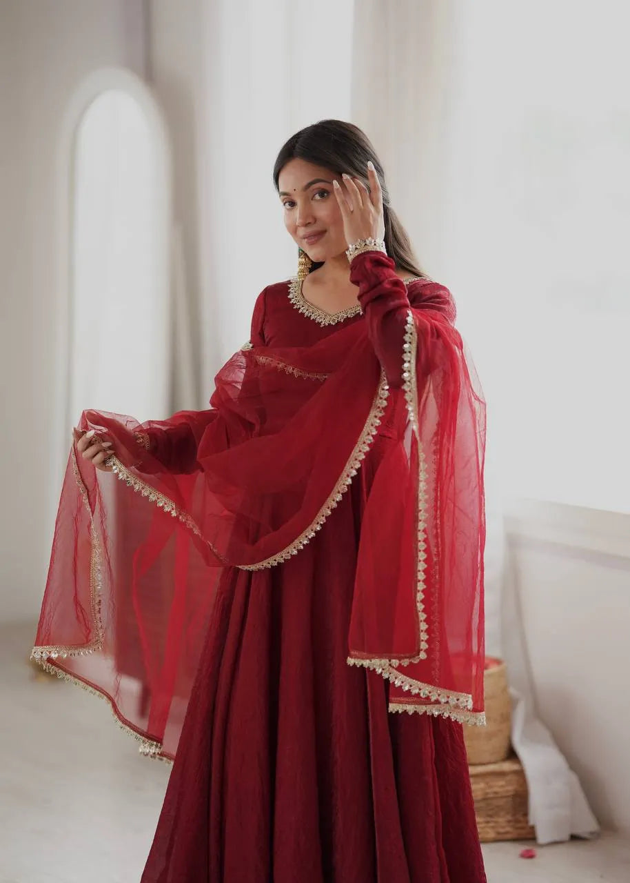 Maroon Doremon Crush Flared Anarkali Suit