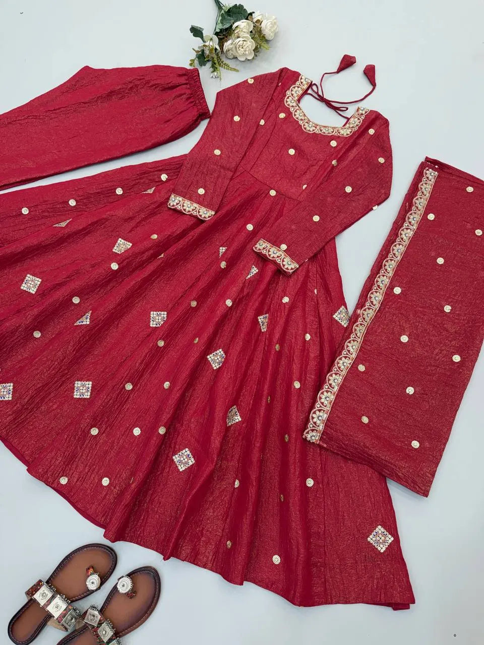Maroon Embroidered Crunchy Silk Anarkali Suit